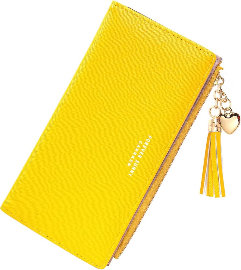 KOTORA Womens Slim Wallet Girls Thin Wallets Pretty Mini Long Card Holder Small Tiny Clutch Zip Purse Love Pendant Tassels Billfold (Yellow) - Image 2